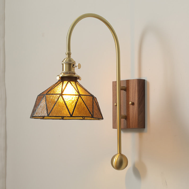 Brass Walnut Glass Round Diamond 1-Light Wall Sconce Lamp