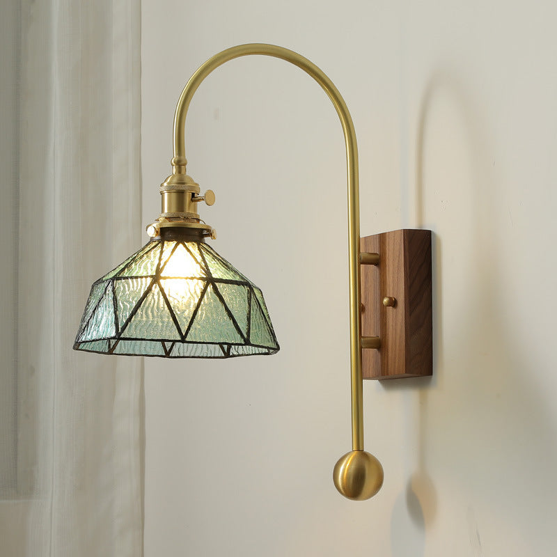 Brass Walnut Glass Round Diamond 1-Light Wall Sconce Lamp