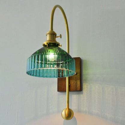 Brass Walnut Glass Round Diamond 1-Light Wall Sconce Lamp