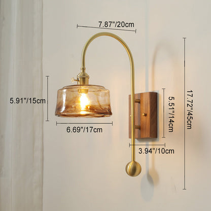 Brass Walnut Glass Round Diamond 1-Light Wall Sconce Lamp