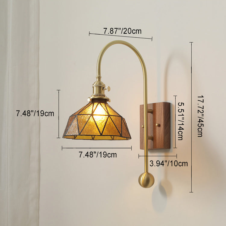 Brass Walnut Glass Round Diamond 1-Light Wall Sconce Lamp