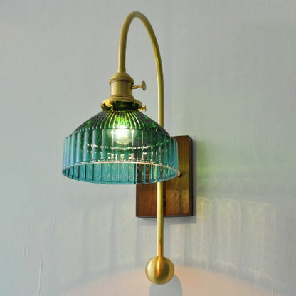 Brass Walnut Glass Round Diamond 1-Light Wall Sconce Lamp
