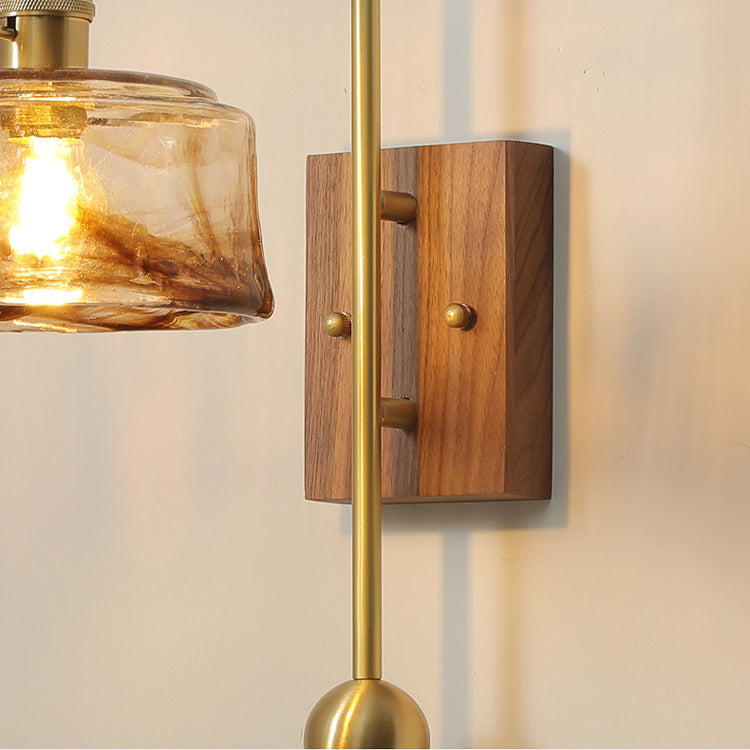 Brass Walnut Glass Round Diamond 1-Light Wall Sconce Lamp