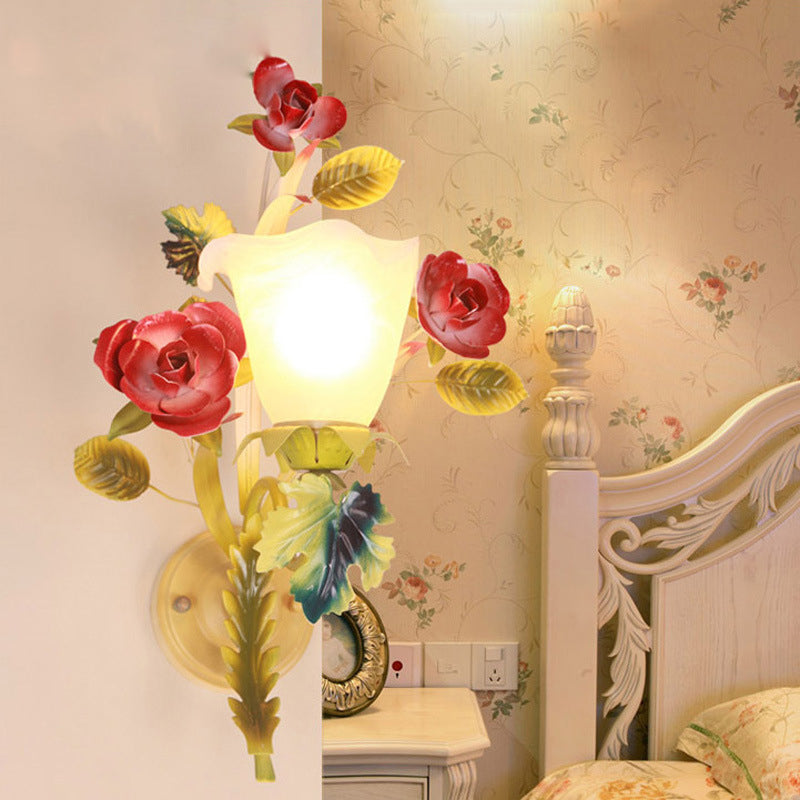 Farmhouse Glass Rose Floral Bell 1/2 Light Wall Sconce Lamp