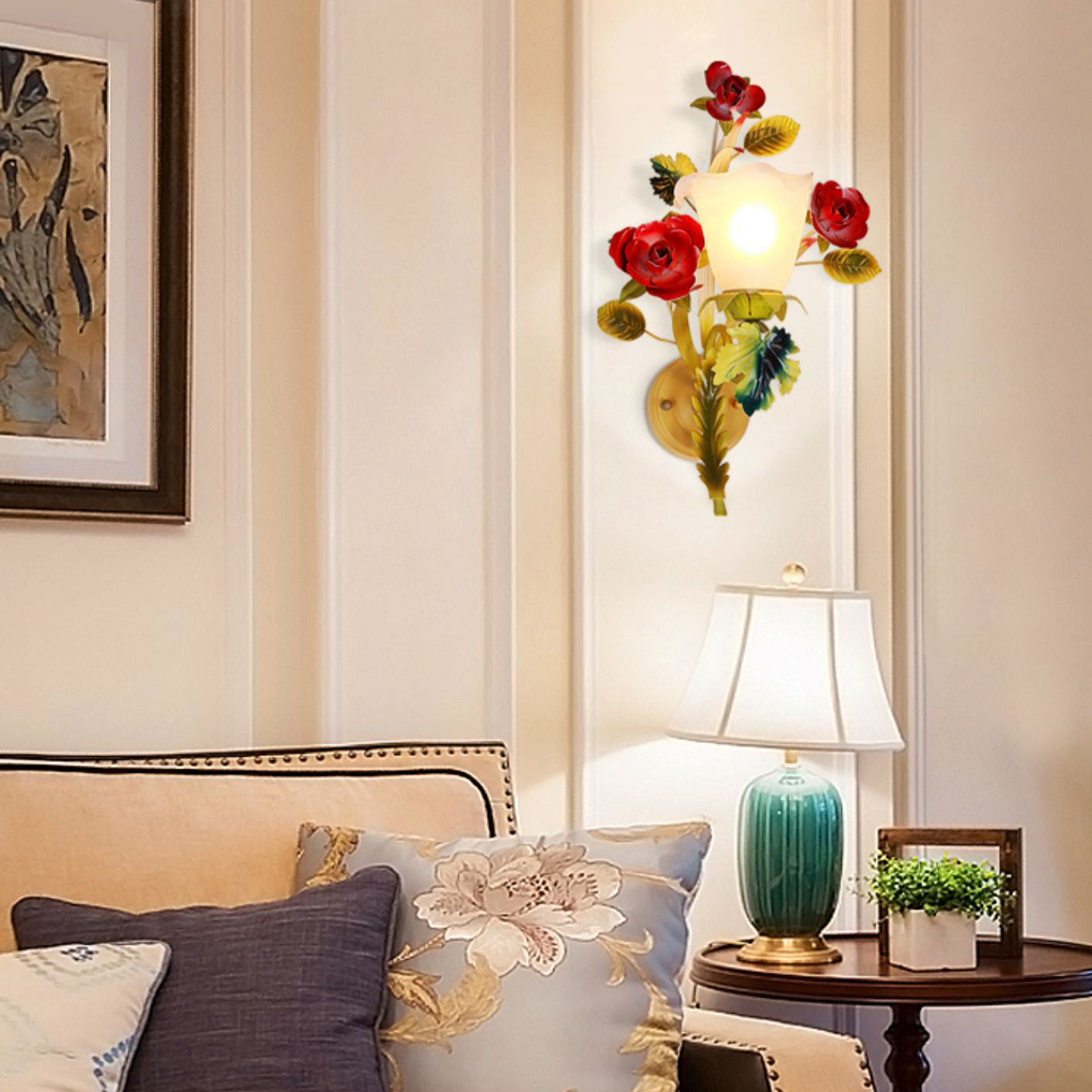 Farmhouse Glass Rose Floral Bell 1/2 Light Wall Sconce Lamp