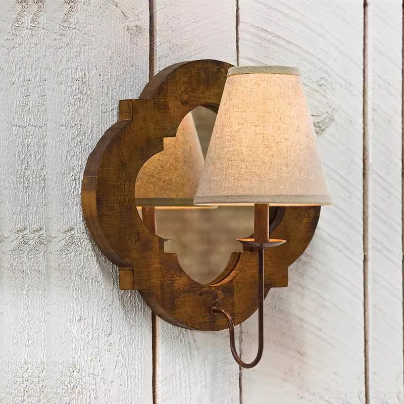 Wood Cylinder Candlestick Mirror 1-Light Wall Sconce Lamp