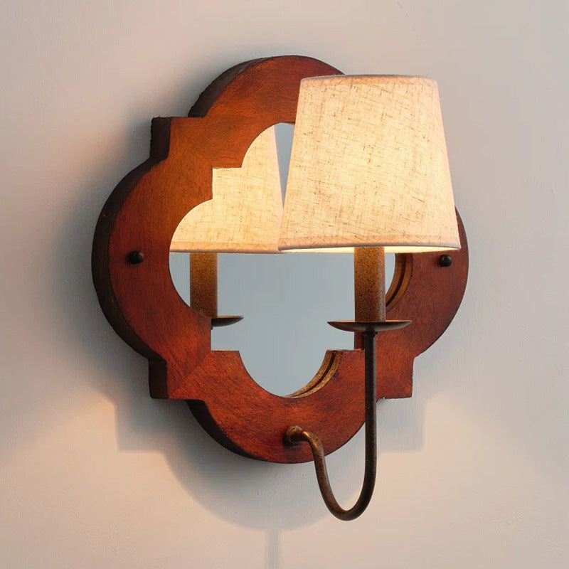 Wood Cylinder Candlestick Mirror 1-Light Wall Sconce Lamp