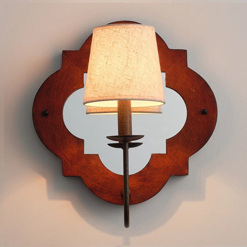Wood Cylinder Candlestick Mirror 1-Light Wall Sconce Lamp