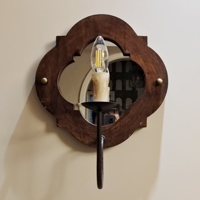Wood Cylinder Candlestick Mirror 1-Light Wall Sconce Lamp