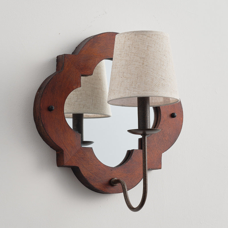 Wood Cylinder Candlestick Mirror 1-Light Wall Sconce Lamp
