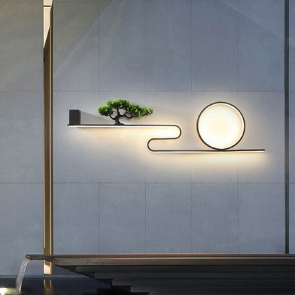 Modern Art Deco Solar Waterproof Aluminum PVC Painting Pine Tree Circle LED Wall Sconce Lamp For Outdoor Patio