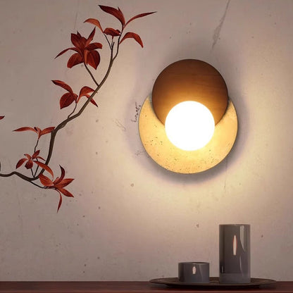 Japanese Rubber Wood PE Disc 1-Light Wall Sconce Lamp
