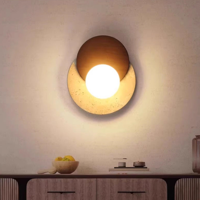 Japanese Rubber Wood PE Disc 1-Light Wall Sconce Lamp