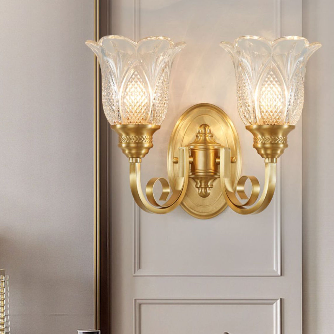 Copper Glass Embossed Floral 1/2 Light Wall Sconce Lamp