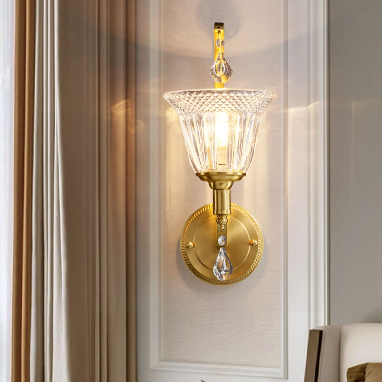 French Glass Crystal Bell Embossed 1-Light Wall Sconce Lamp