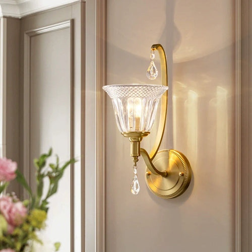 French Glass Crystal Bell Embossed 1-Light Wall Sconce Lamp