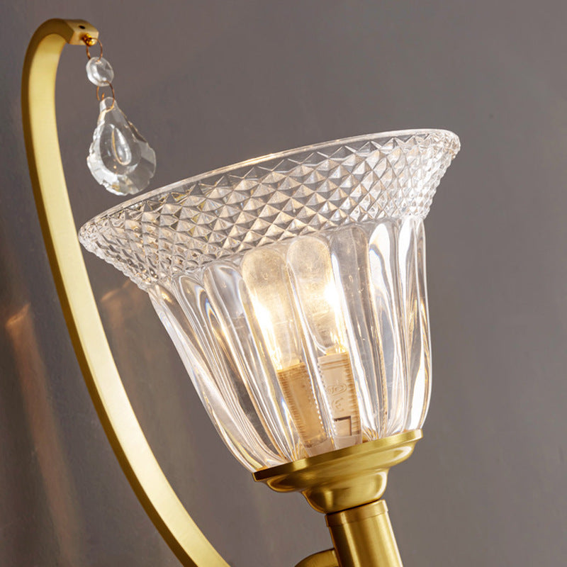 French Glass Crystal Bell Embossed 1-Light Wall Sconce Lamp