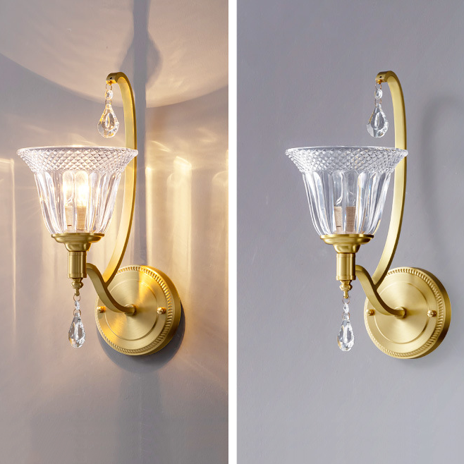French Glass Crystal Bell Embossed 1-Light Wall Sconce Lamp