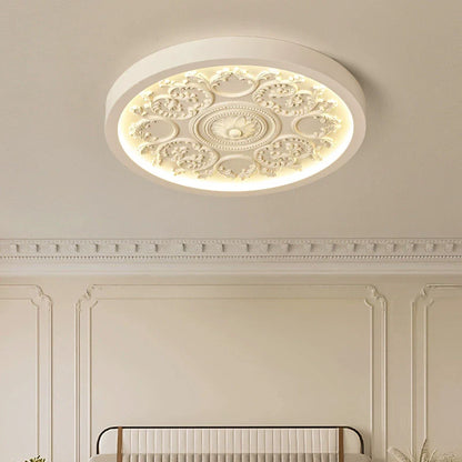 Traditional French Resin Iron Acrylic Round Engraved Flower LED Flush Mount Ceiling Light For Bedroom