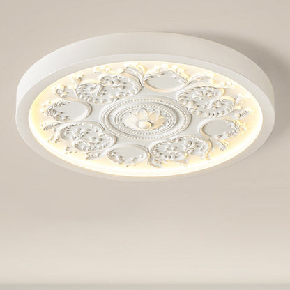 Traditional French Resin Iron Acrylic Round Engraved Flower LED Flush Mount Ceiling Light For Bedroom