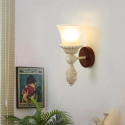 French Wood Glass Candle Bell 1-Light Wall Sconce Lamp