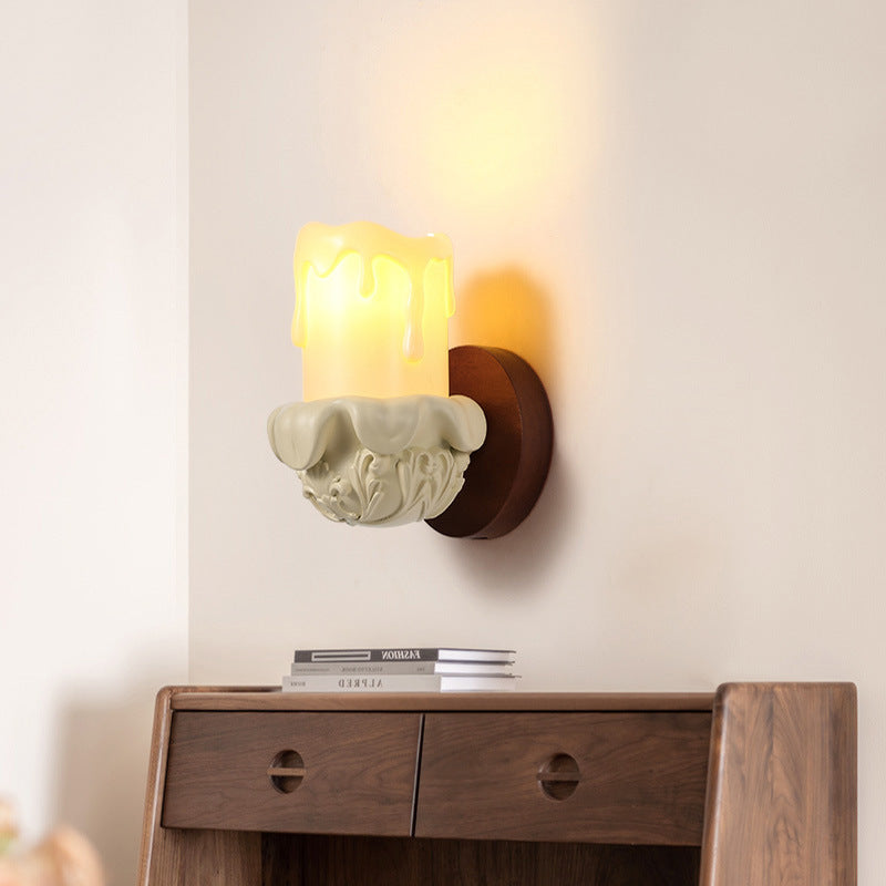 French Wood Glass Candle Bell 1-Light Wall Sconce Lamp