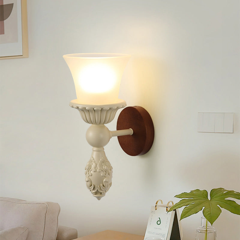 French Wood Glass Candle Bell 1-Light Wall Sconce Lamp