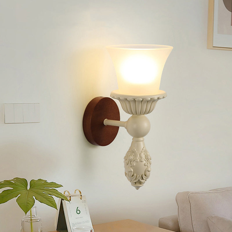 French Wood Glass Candle Bell 1-Light Wall Sconce Lamp