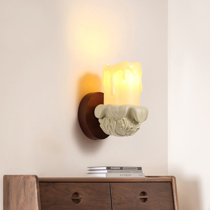 French Wood Glass Candle Bell 1-Light Wall Sconce Lamp