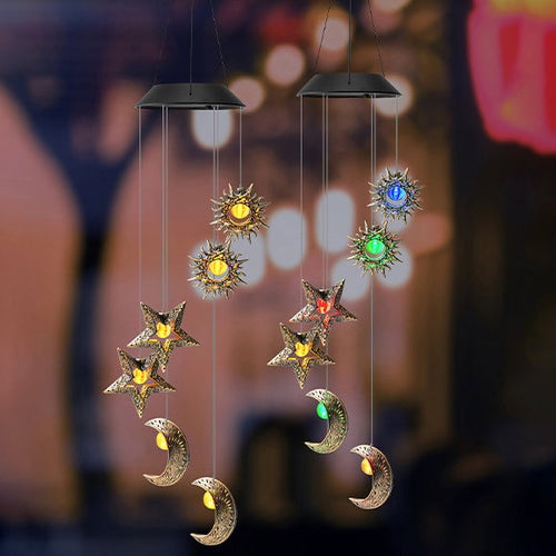 Contemporary Boho Solar Waterproof ABS Metal Moon Sun Star Decoration Wind Chime Hanging LED Outdoor Light Landscape Lighting For Outdoor Patio