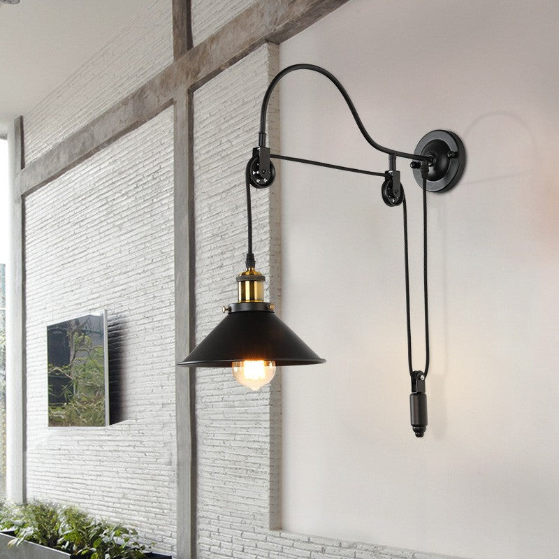 Retro Industrial Wrought Iron 1-Light  Pulley Wall Sconce Lamp