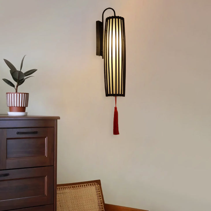 Chinese Bamboo Iron Lantern Column 1-Light Wall Sconce Lamp
