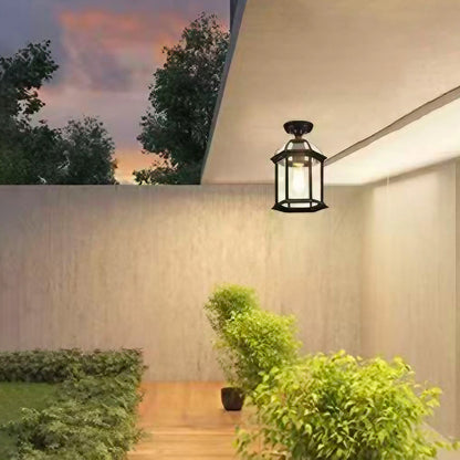 European Outdoor Hexagonal Lantern Waterproof 1-Light Semi-Flush Mount Ceiling Light