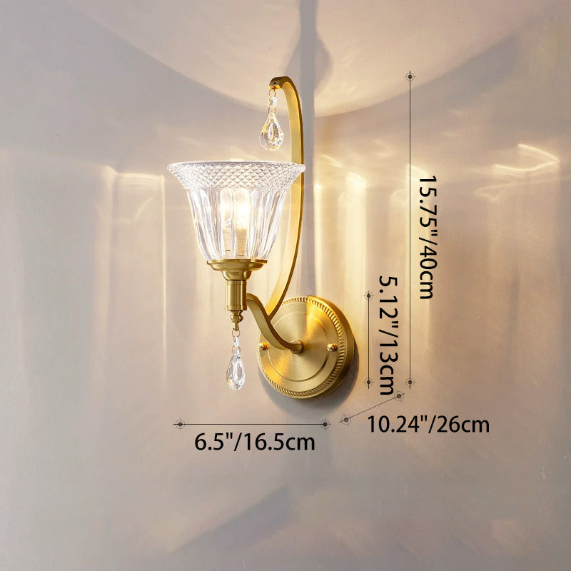 French Glass Crystal Bell Embossed 1-Light Wall Sconce Lamp