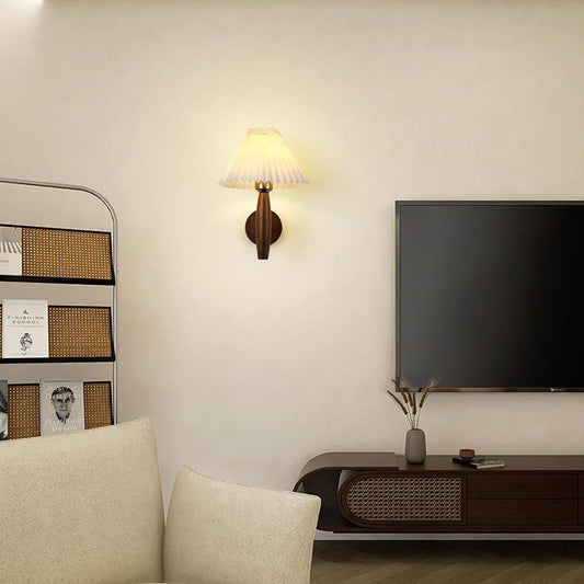 Round Cylinder Pleated Fabric Wood 1-Light Wall Sconce Lamp