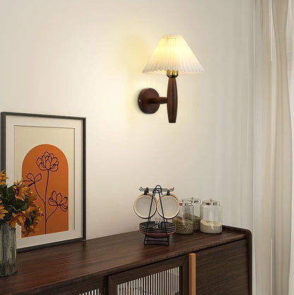 Round Cylinder Pleated Fabric Wood 1-Light Wall Sconce Lamp