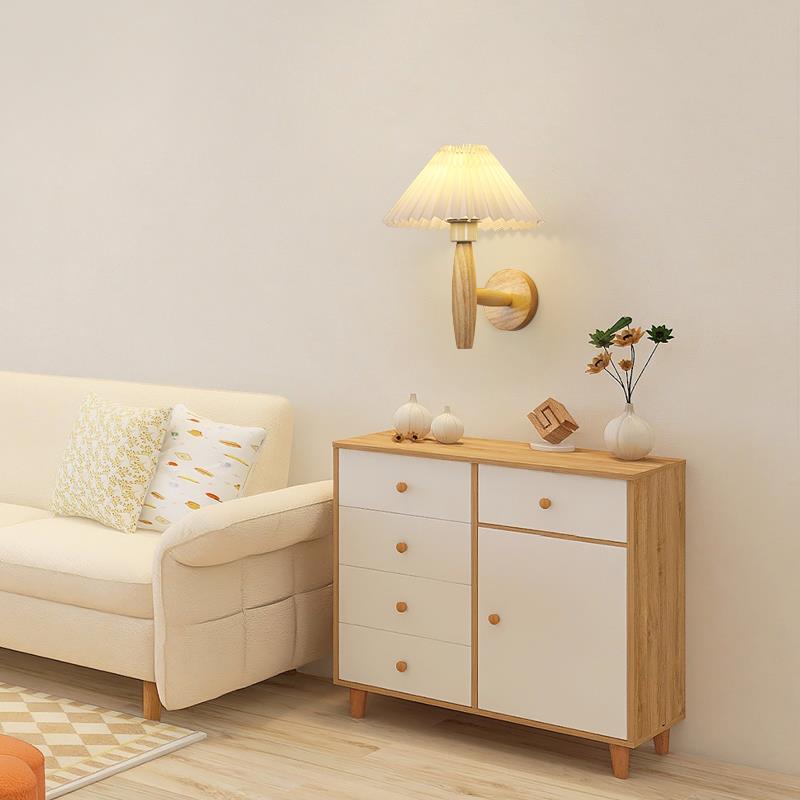 Round Cylinder Pleated Fabric Wood 1-Light Wall Sconce Lamp