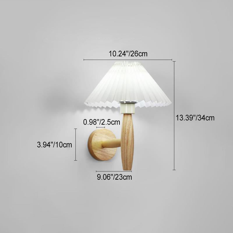 Round Cylinder Pleated Fabric Wood 1-Light Wall Sconce Lamp