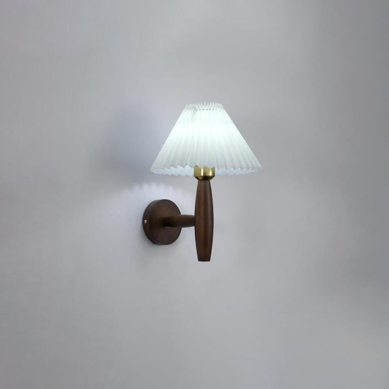 Round Cylinder Pleated Fabric Wood 1-Light Wall Sconce Lamp