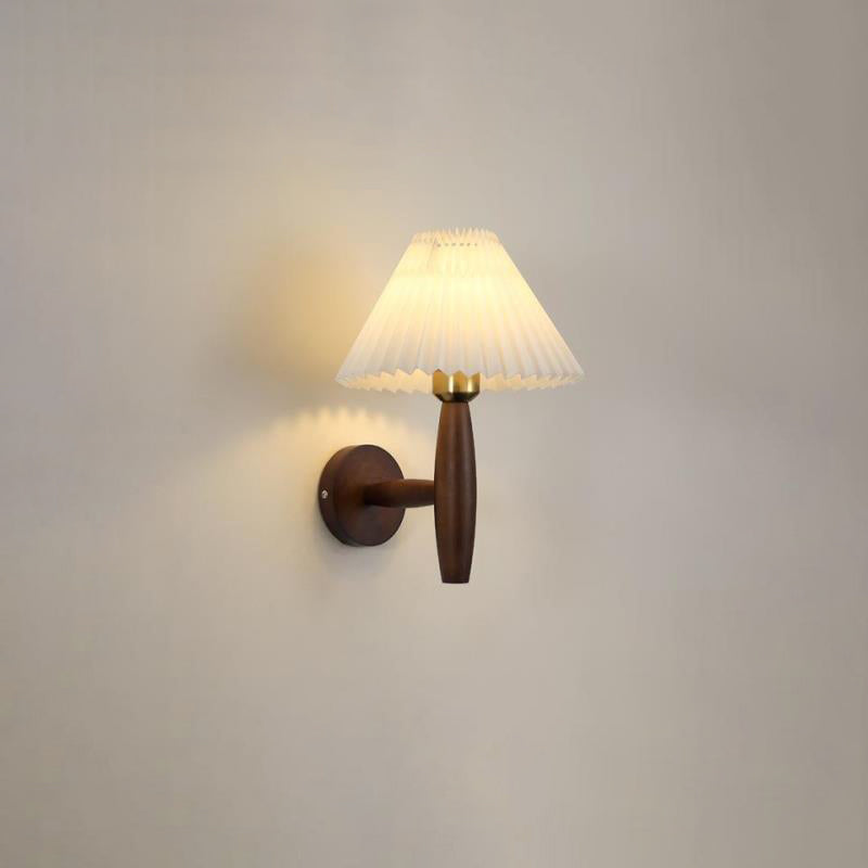 Round Cylinder Pleated Fabric Wood 1-Light Wall Sconce Lamp