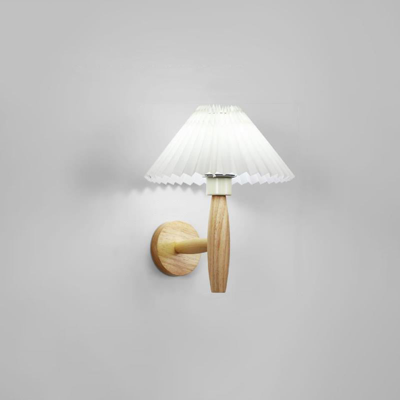 Round Cylinder Pleated Fabric Wood 1-Light Wall Sconce Lamp