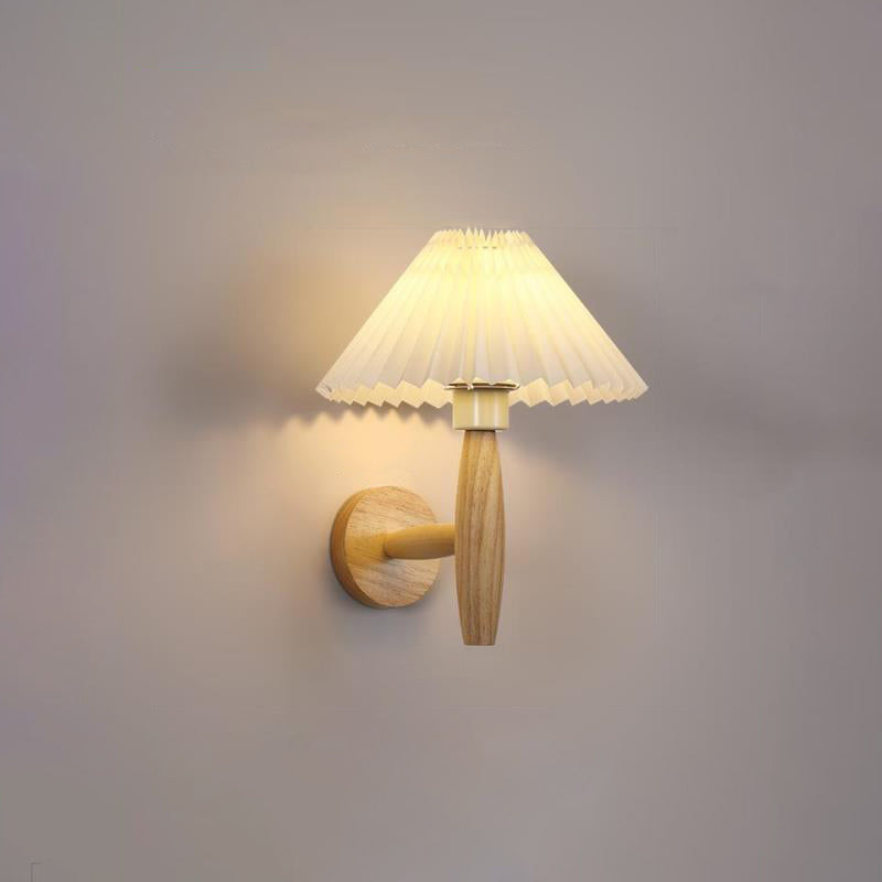Round Cylinder Pleated Fabric Wood 1-Light Wall Sconce Lamp
