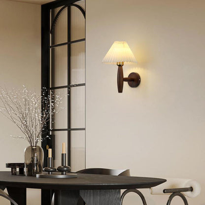 Round Cylinder Pleated Fabric Wood 1-Light Wall Sconce Lamp