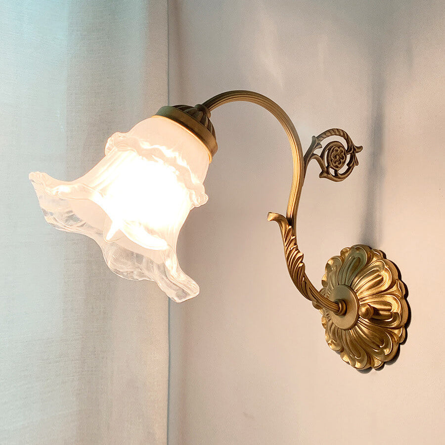 French Vintage Brass Glass Flower 1-Light Wall Sconce Lamp