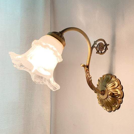 French Vintage Brass Glass Flower 1-Light Wall Sconce Lamp