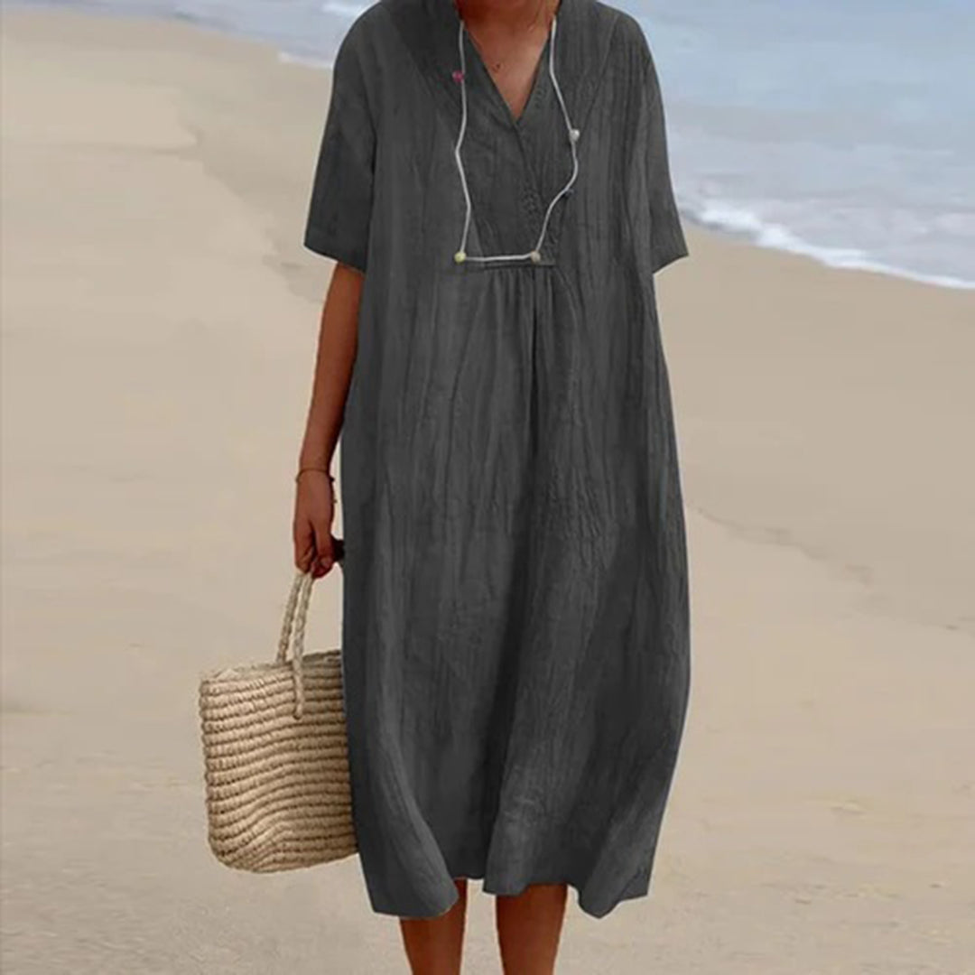 Linen Blend Midi Dress with V-Neck, Loose Fit