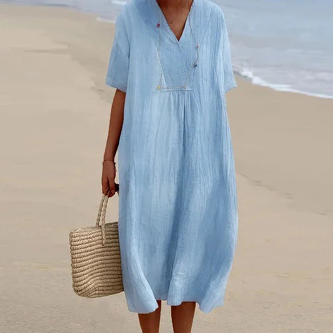 Linen Blend Midi Dress with V-Neck, Loose Fit