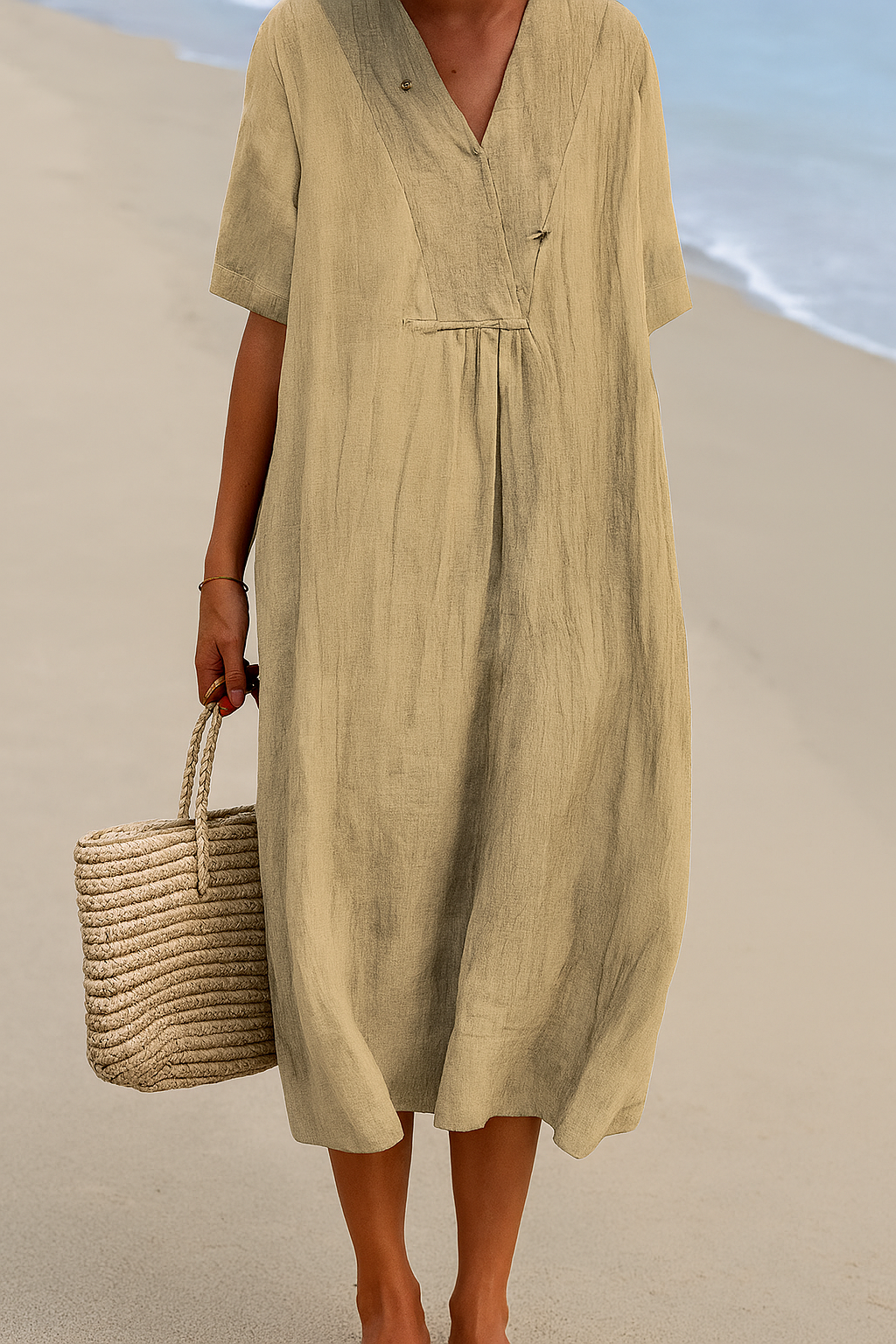 Lightweight Beach Dress with V-Neck & Slip-On Design