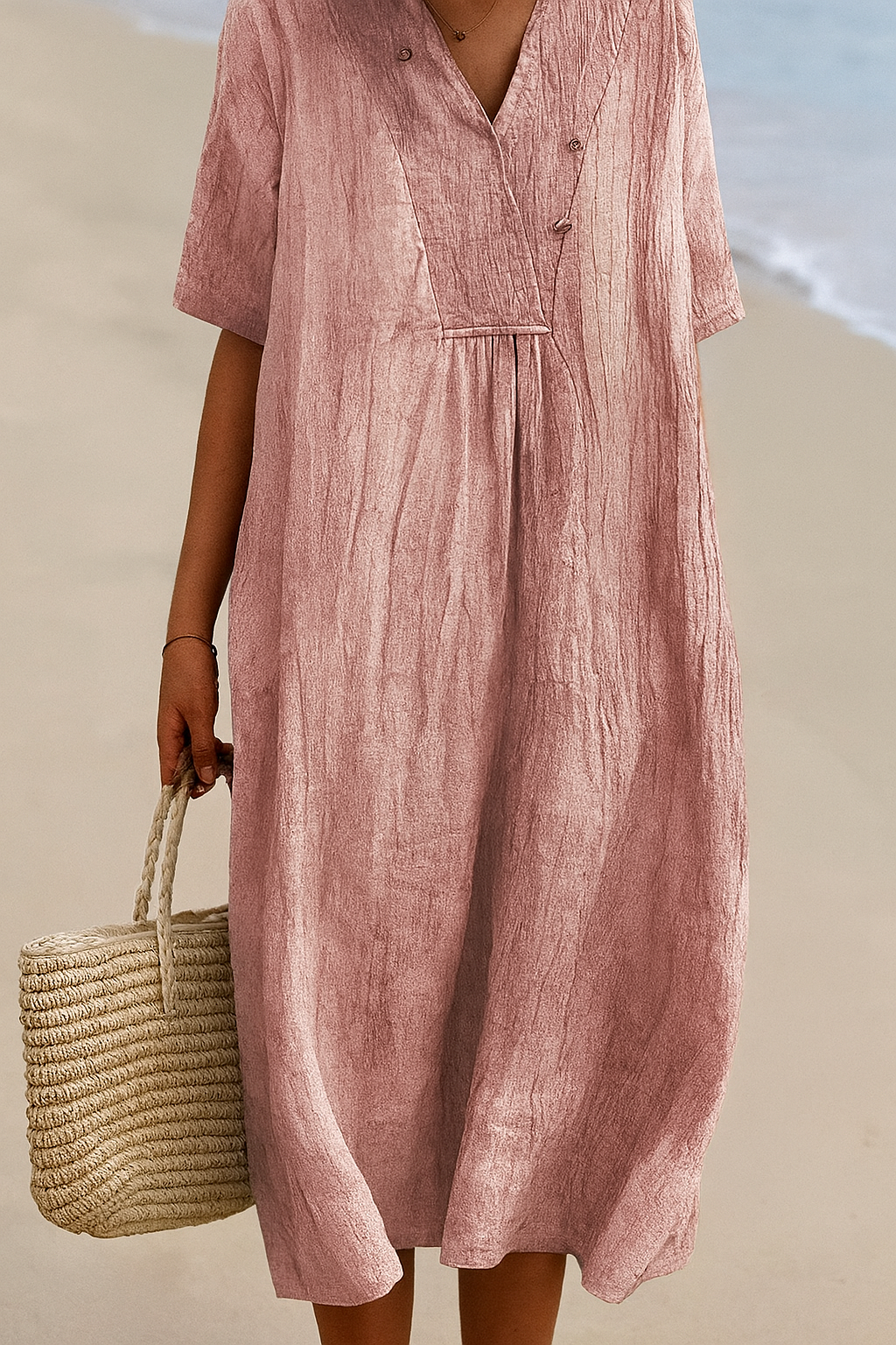 Lightweight Beach Dress with V-Neck & Slip-On Design