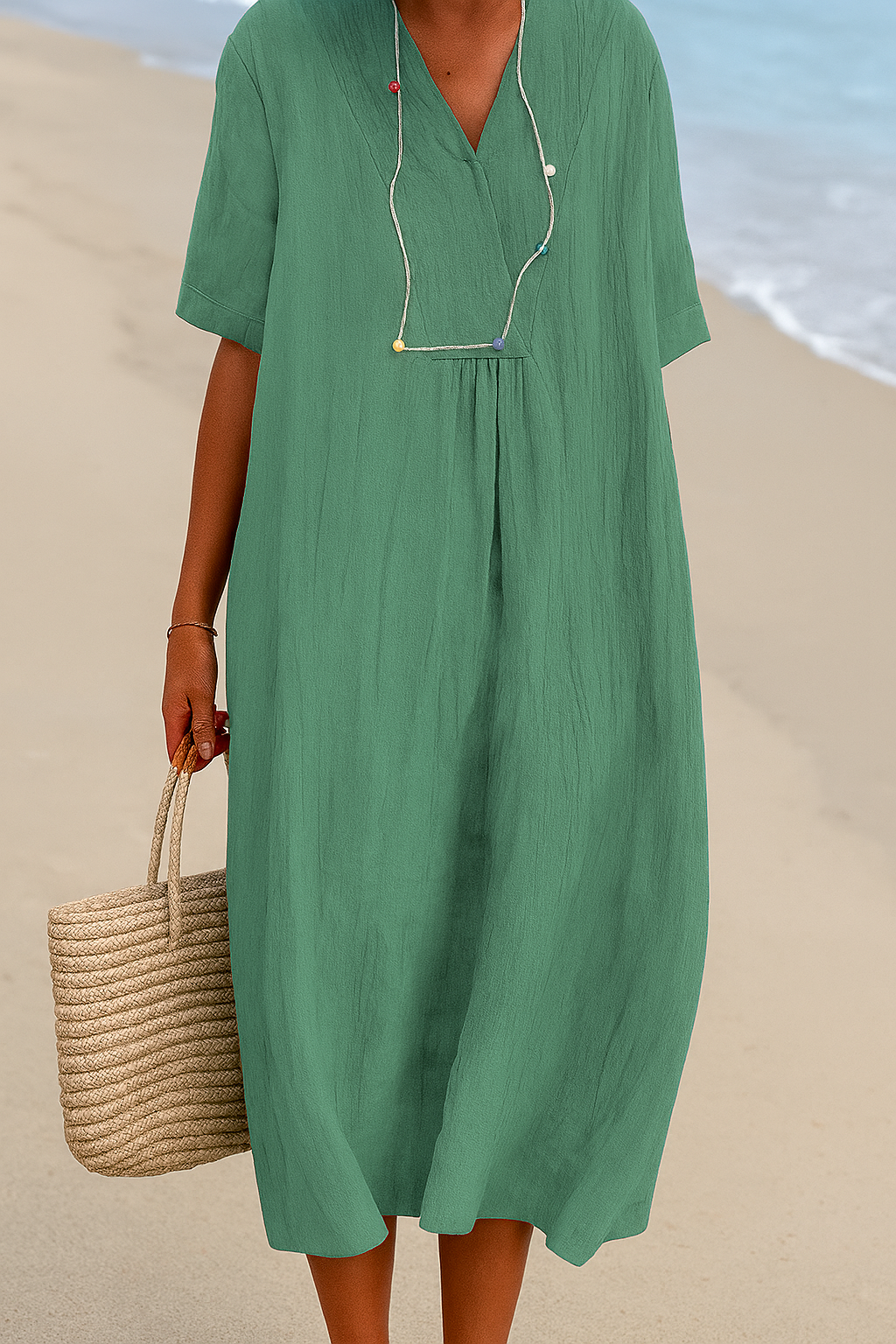 Lightweight Beach Dress with V-Neck & Slip-On Design